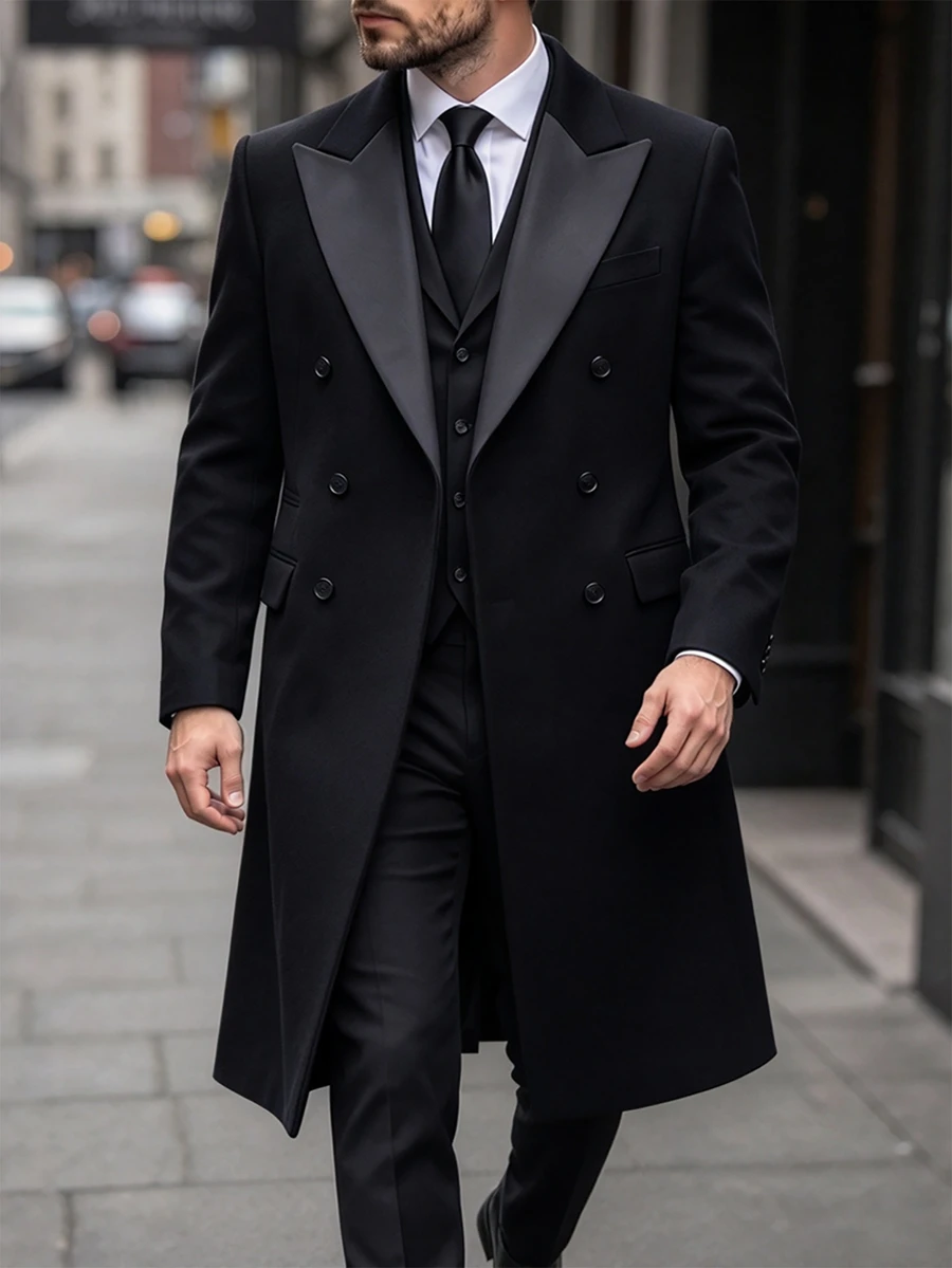 Manfinity Mode Men's Solid Color Pocket & Button Front Long Sleeve Black Overcoat, Autumn Fall Winter - Black - View 1