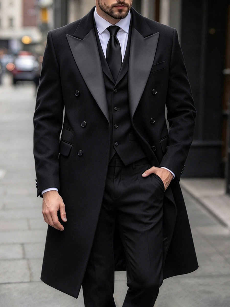 Manfinity Mode Men's Solid Color Pocket & Button Front Long Sleeve Black Overcoat, Autumn Fall Winter - Black - View 1
