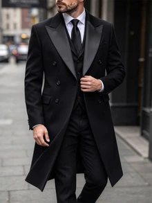 Manfinity Mode Men's Solid Color Pocket & Button Front Long Sleeve Black Overcoat, Autumn Fall Winter - Black - View 7