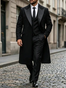 Manfinity Mode Men's Solid Color Pocket & Button Front Long Sleeve Black Overcoat, Autumn Fall Winter - Black - View 3