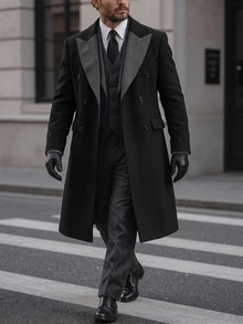 Manfinity Mode Men's Solid Color Pocket & Button Front Long Sleeve Black Overcoat, Autumn Fall Winter - Black - View 4