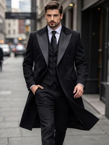 Manfinity Mode Men's Solid Color Pocket & Button Front Long Sleeve Black Overcoat, Autumn Fall Winter - Black - View 6