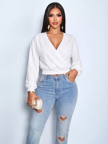 SOLERSUN Women's Autumn Winter Wrap V Neck Lantern Long Sleeve Ribbed Waist Crop Sweatshirt Night Out White Light Blue Casual Romantic Sexy Date Everyday - Multicolor - View 6