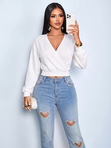 SOLERSUN Women's Autumn Winter Wrap V Neck Lantern Long Sleeve Ribbed Waist Crop Sweatshirt Night Out White Light Blue Casual Romantic Sexy Date Everyday - Multicolor - View 1