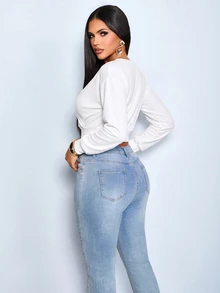 SOLERSUN Women's Autumn Winter Wrap V Neck Lantern Long Sleeve Ribbed Waist Crop Sweatshirt Night Out White Light Blue Casual Romantic Sexy Date Everyday - Multicolor - View 2