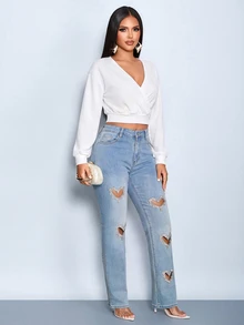SOLERSUN Women's Autumn Winter Wrap V Neck Lantern Long Sleeve Ribbed Waist Crop Sweatshirt Night Out White Light Blue Casual Romantic Sexy Date Everyday - Multicolor - View 4