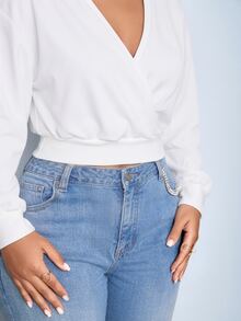 SOLERSUN Women's Autumn Winter Wrap V Neck Lantern Long Sleeve Ribbed Waist Crop Sweatshirt Night Out White Light Blue Casual Romantic Sexy Date Everyday - Multicolor - View 5