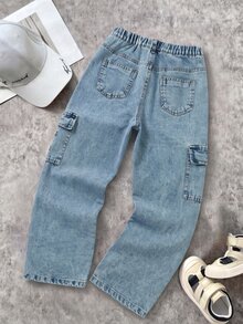SHEIN 男童牛仔褲 春/秋新款街頭風工裝風 中藍色水洗 寬鬆直筒 大口袋 鬆緊腰 舒適高品質純棉牛仔 日常基本款 寬腿褲 - 淺色水洗藍 - 查看 2