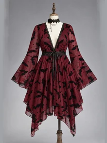 ROMWE Dark Gothic Plus Size Women's Dress, Bat Print Lace Bell Sleeve Design, Halloween Party Asymmetrical Hem Short Dress - Burgundy - View 1