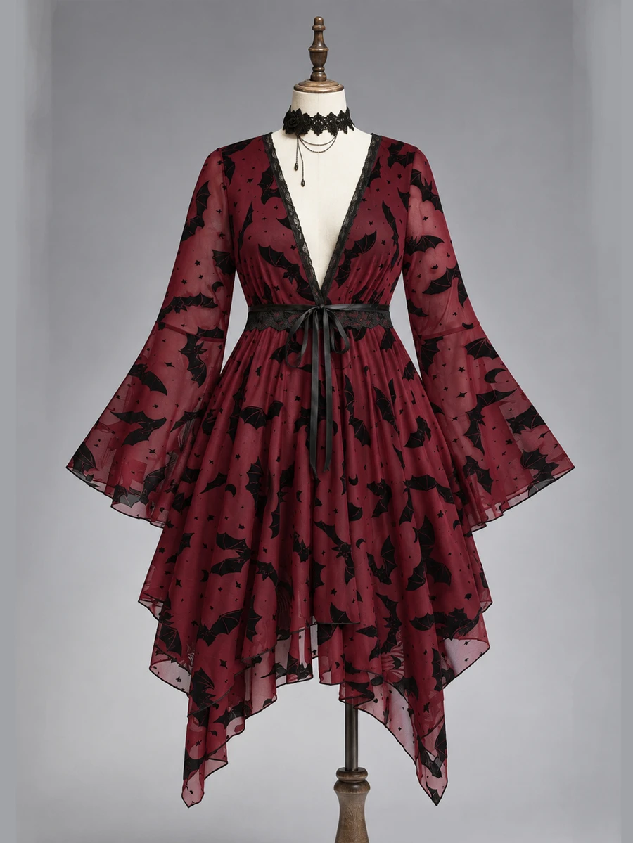 ROMWE Dark Gothic Plus Size Women's Dress, Bat Print Lace Bell Sleeve Design, Halloween Party Asymmetrical Hem Short Dress - Burgundy - View 1