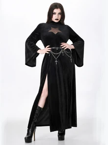 ROMWE Dark Witch Style Plus Size Women's Dress, Sheer Star Chest Design, Bell Sleeves, Halloween Party Long Gothic Gown - Black - View 1
