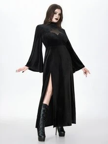 ROMWE Dark Witch Style Plus Size Women's Dress, Sheer Star Chest Design, Bell Sleeves, Halloween Party Long Gothic Gown - Black - View 6