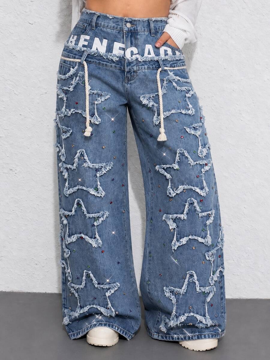 ROMWE Street Life Plus Size Women Streetwear Double Waistband PUNK Star Patchwork Denim Wide Leg Pants - Blue - View 1