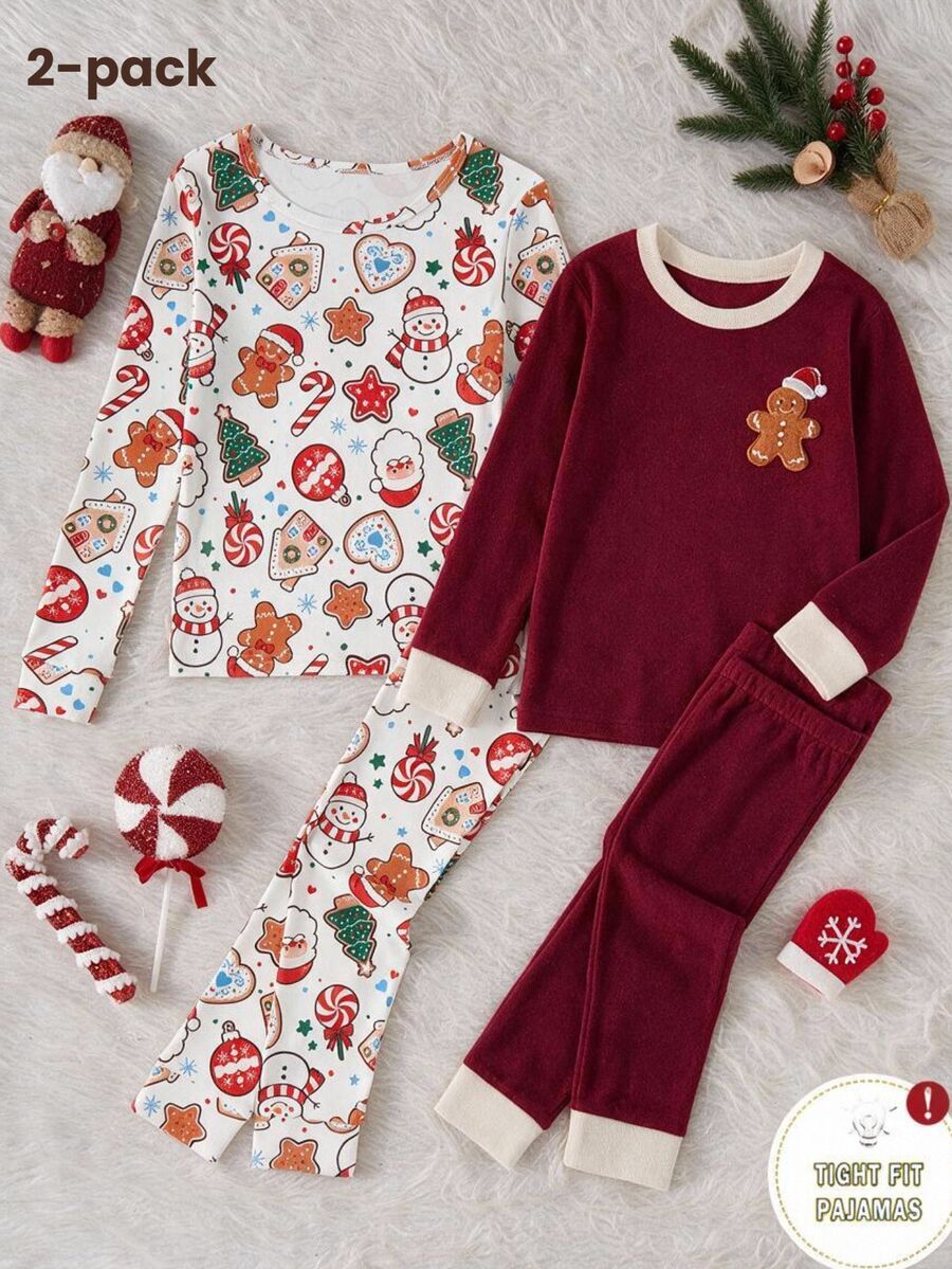 Santa Autumn/Winter Claus Tween Girl Pajamas Christmas Tree Gingerbread Man Knitted Stretchy Snug Fit Allover Print Snowman Candy Cane Sets Are Sold - Multicolor - View 1