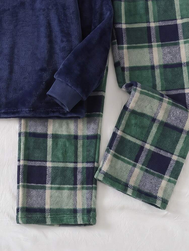 2pcs/Set Pakaian Tidur Anak Laki-Laki Modis Musim Gugur/Dingin, Atasan Lengan Panjang Leher Bulat Warna Polos Baru dengan Celana Panjang Kotak-kotak Biru & Hijau Sederhana, Bahan Flanel Dua Sisi dengan Motif Berbulu - MultiWarna - View 5