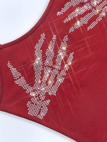 Shutterstock Y2Kool Women's Skeleton Hand Rhinestone Decor Camisole Top Skeleton Hand Crop Top Rhinestone Crop Top Red Rhinestone Crop Top Crystal Hand Crop Top Red Crop Top Casual Matching Idea Stylish Collection New Year - Burgundy - View 3