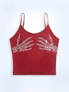 Shutterstock Y2Kool Women's Skeleton Hand Rhinestone Decor Camisole Top Skeleton Hand Crop Top Rhinestone Crop Top Red Rhinestone Crop Top Crystal Hand Crop Top Red Crop Top Casual Matching Idea Stylish Collection New Year - Burgundy - View 1