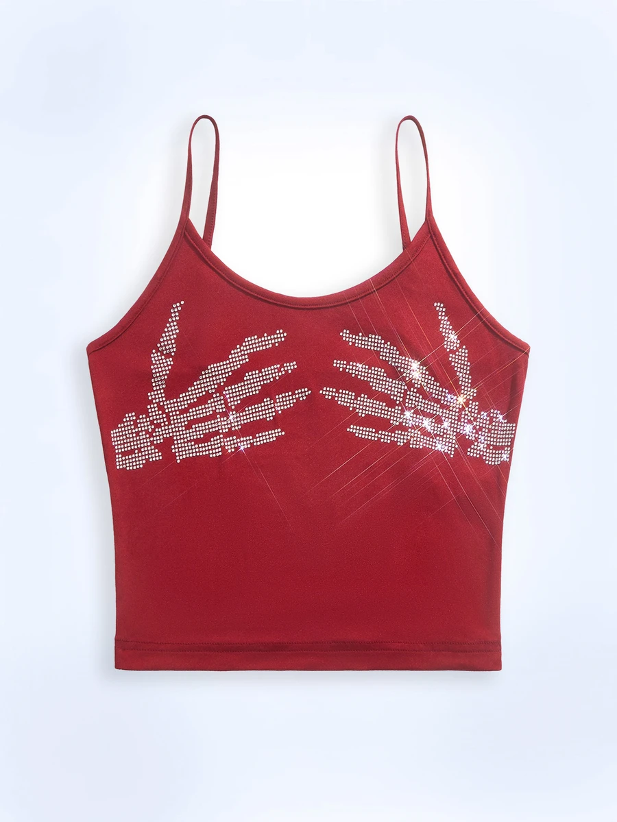 Shutterstock Y2Kool Women's Skeleton Hand Rhinestone Decor Camisole Top Skeleton Hand Crop Top Rhinestone Crop Top Red Rhinestone Crop Top Crystal Hand Crop Top Red Crop Top Casual Matching Idea Stylish Collection New Year - Burgundy - View 1