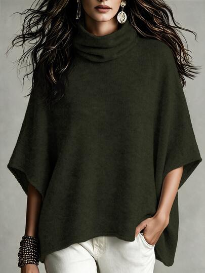 SHEIN Women's New Autumn Winter Elegant Fashion Moss Green Cowl Neck Loose Wool Blend Knit Poncho Style Pullover Sweater, Daily Commute, Casual, Gathering