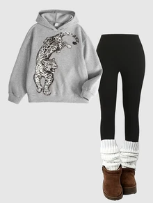 SHEIN Teen Girl Teen Girls Loose Fit Leopard Print Autumn Sweatshirt Sweatpants Thermal Lined 2pcs Outfit - Light Grey - View 6
