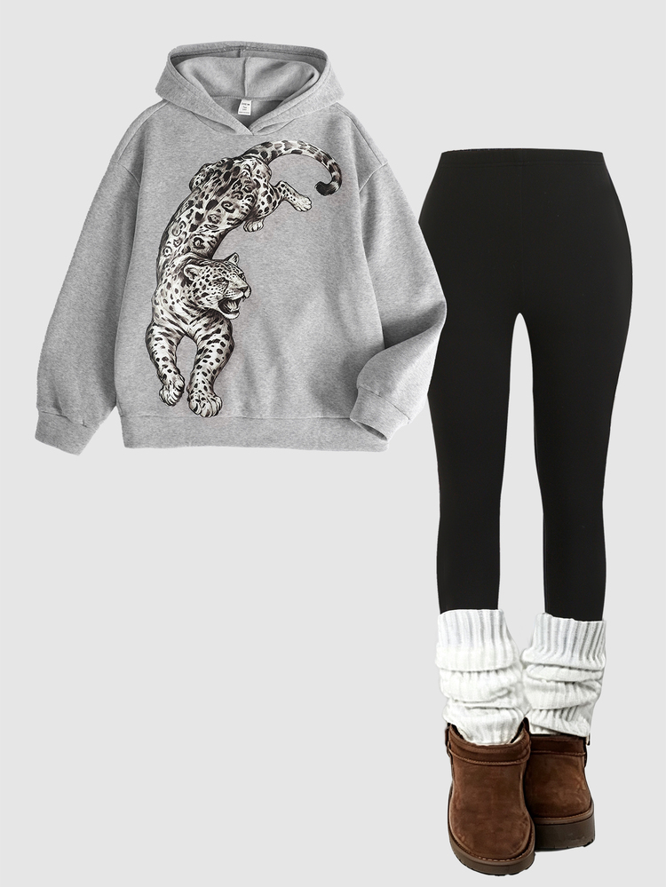SHEIN Teen Girl Teen Girls Loose Fit Leopard Print Autumn Sweatshirt Sweatpants Thermal Lined 2pcs Outfit - Light Grey - View 6