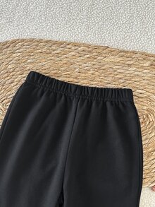 SHEIN Young Girls' Long Pants, Made Of Cotton Blend With A Bow, Flared Style, Suitable For Spring, Summer, Autumn, Fall, Winter, Halloween, And Christmas. - Black - View 6