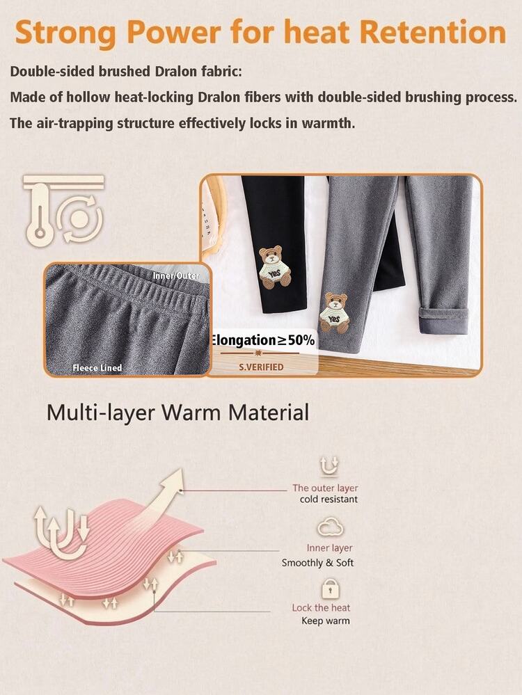 2pcs Girls' Autumn/Winter New Embroidered Bear Patch Thickened Fleece Warm Leggings - Dark Grey - View 6