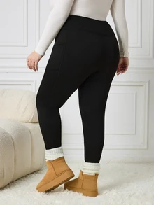 SHEIN CURVE+ Plus Size Thick Black Leggings With Pockets, Suitable For Winter 5XL-8XL - Black - View 2