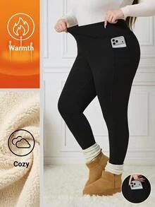 SHEIN CURVE+ Plus Size Thick Black Leggings With Pockets, Suitable For Winter 5XL-8XL - Black - View 1