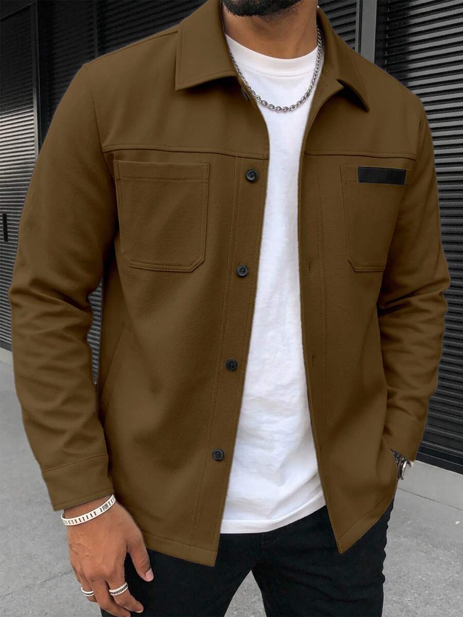 Manfinity Homme Men's Solid Color Casual Outdoor Slim Fit Jacket - Brown - View 1