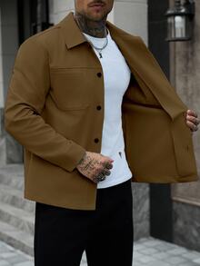 Manfinity Homme Men's Solid Color Casual Outdoor Slim Fit Jacket - Brown - View 6