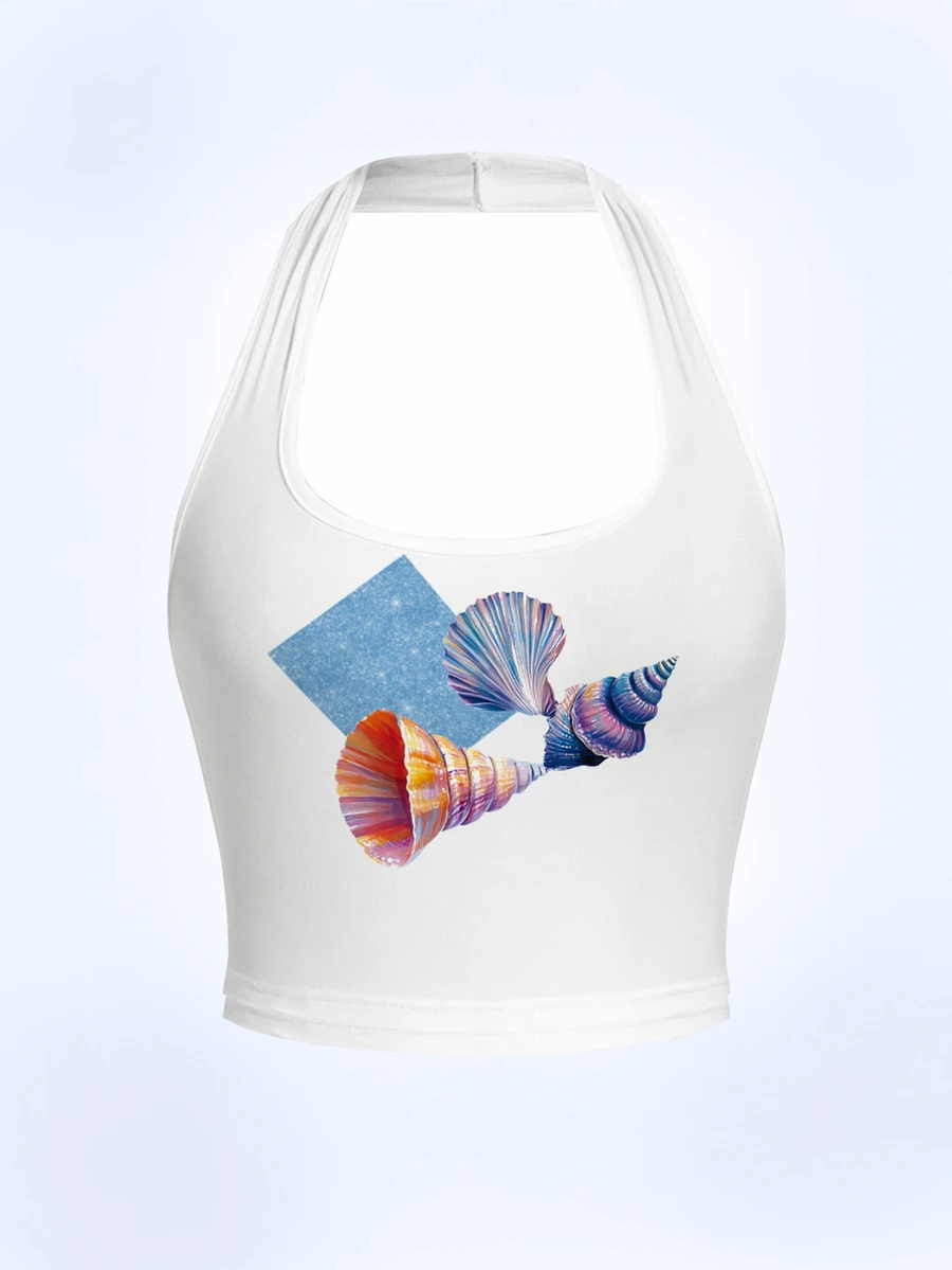 Shutterstock Y2Kool Women's White Ocean Shell Sequin Print Sexy Halter Neck Short Casual Everyday Tank Top - White - View 1