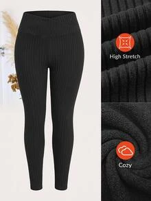 SHEIN CURVE+ Plus Size Women Solid Color Casual Daily Wear Tight Leggings - Black - View 3