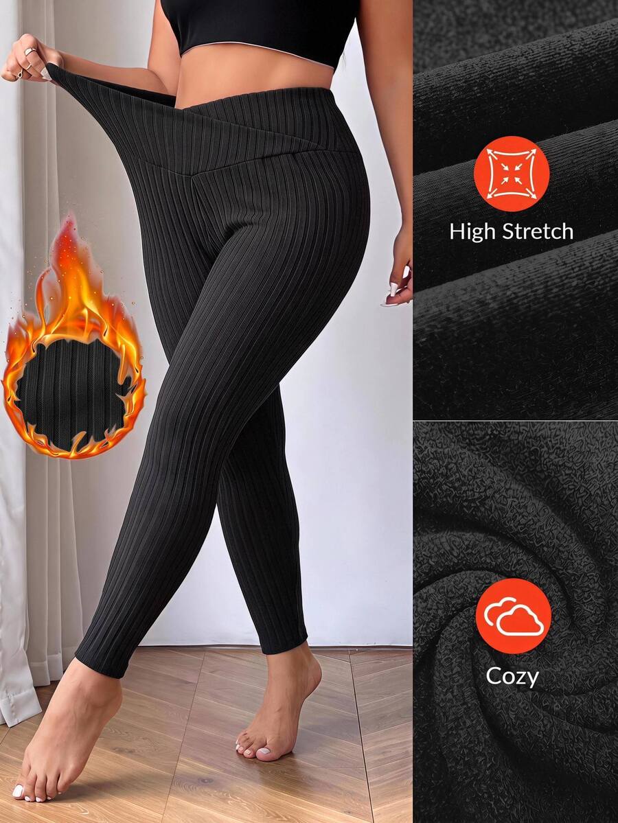 SHEIN CURVE+ Plus Size Women Solid Color Casual Daily Wear Tight Leggings - Black - View 1
