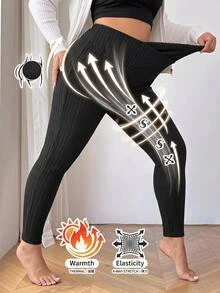SHEIN CURVE+ Plus Size Women Solid Color Casual Daily Wear Tight Leggings - Black - View 4