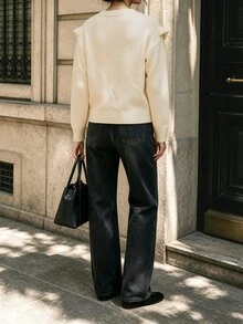 SHEIN 女款優雅杏色圓領鏤空荷葉邊金屬裝飾鈕扣針織長袖開襟衫，適合日常通勤、休閒、約會、聚會 - 杏色 - 查看 3
