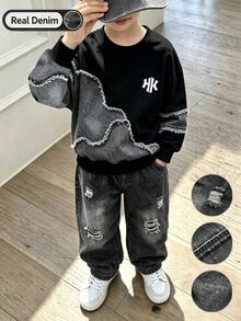 2pcs Boys Raw Edge Denim Patchwork Embroidery Sweatshirt & Ripped Jeans, Elastic Waist Denim Pants, Autumn Kids Outfit - Black - View 3