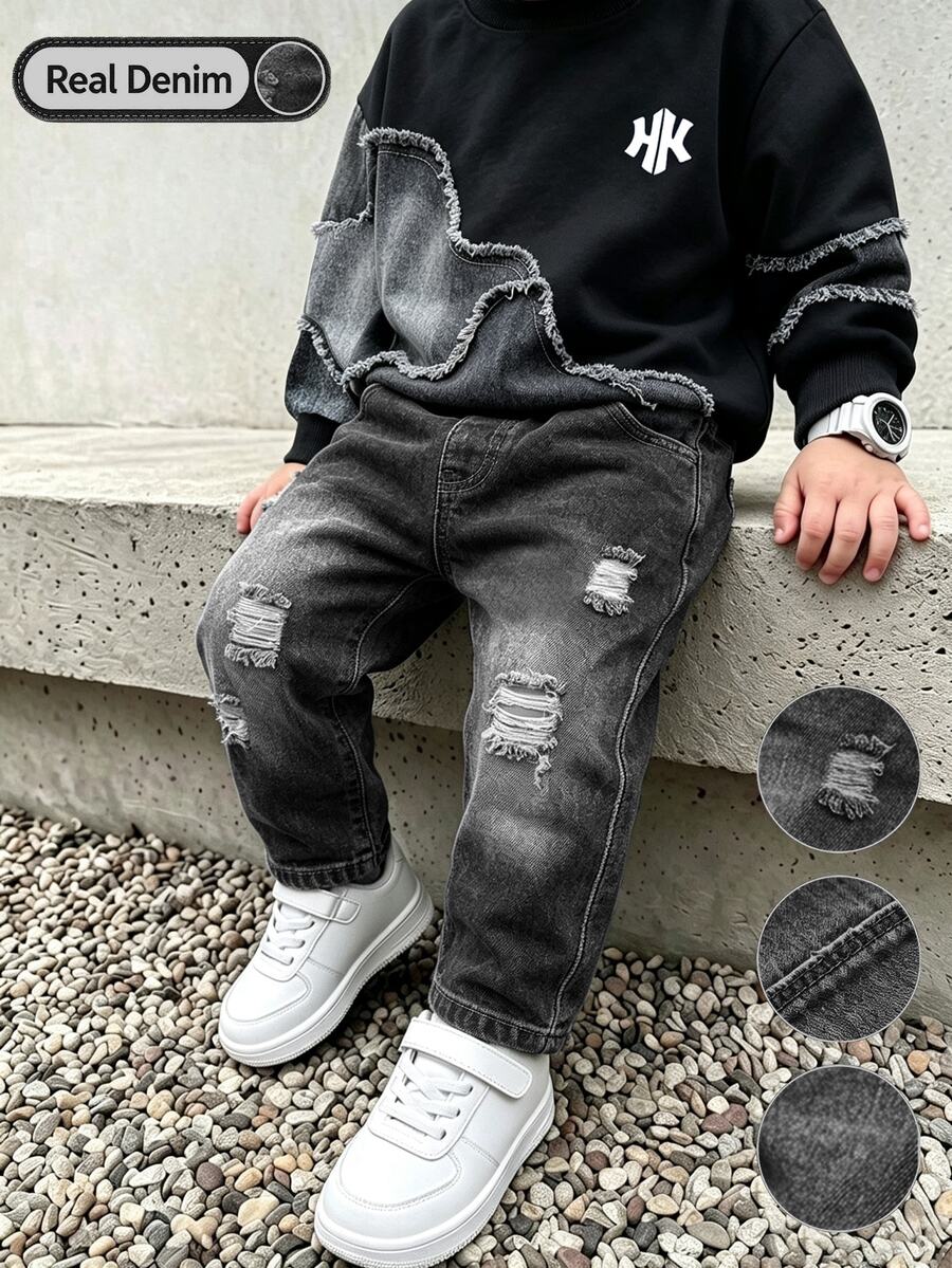 2pcs Boys Raw Edge Denim Patchwork Embroidery Sweatshirt & Ripped Jeans, Elastic Waist Denim Pants, Autumn Kids Outfit - Black - View 1