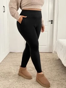 SHEIN CURVE+ Plus Size Side Pocket Sports Yoga Elastic Slim Fit Leggings - Black - View 6