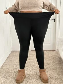 SHEIN CURVE+ Plus Size Side Pocket Sports Yoga Elastic Slim Fit Leggings - Black - View 10