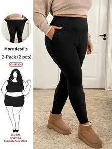 SHEIN CURVE+ Plus Size Side Pocket Sports Yoga Elastic Slim Fit Leggings - Black - View 3