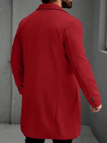 Manfinity Mode 男士純色口袋與鈕扣前襟長袖大衣，適合秋冬季與冬季正式場合 - 紅色 - 查看 2