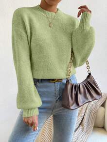 SHEIN Women's New Autumn Winter Elegant Light Green Round Neck Knit Sweater, Minimalist Loose Lantern Sleeve Pullover For Daily Wear, Commute, Casual,Dating - Green - View 7