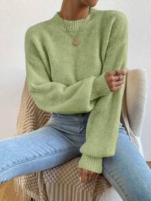 SHEIN Women's New Autumn Winter Elegant Light Green Round Neck Knit Sweater, Minimalist Loose Lantern Sleeve Pullover For Daily Wear, Commute, Casual,Dating - Green - View 6
