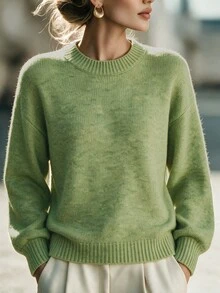 SHEIN Women's New Autumn Winter Elegant Light Green Round Neck Knit Sweater, Minimalist Loose Lantern Sleeve Pullover For Daily Wear, Commute, Casual,Dating - Green - View 8
