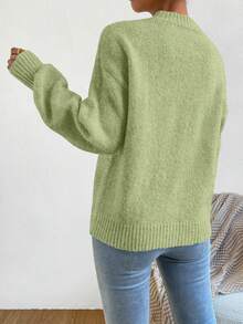 SHEIN Women's New Autumn Winter Elegant Light Green Round Neck Knit Sweater, Minimalist Loose Lantern Sleeve Pullover For Daily Wear, Commute, Casual,Dating - Green - View 5