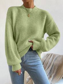 SHEIN Women's New Autumn Winter Elegant Light Green Round Neck Knit Sweater, Minimalist Loose Lantern Sleeve Pullover For Daily Wear, Commute, Casual,Dating - Green - View 4