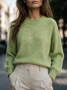 SHEIN Women's New Autumn Winter Elegant Light Green Round Neck Knit Sweater, Minimalist Loose Lantern Sleeve Pullover For Daily Wear, Commute, Casual,Dating - Green - View 9
