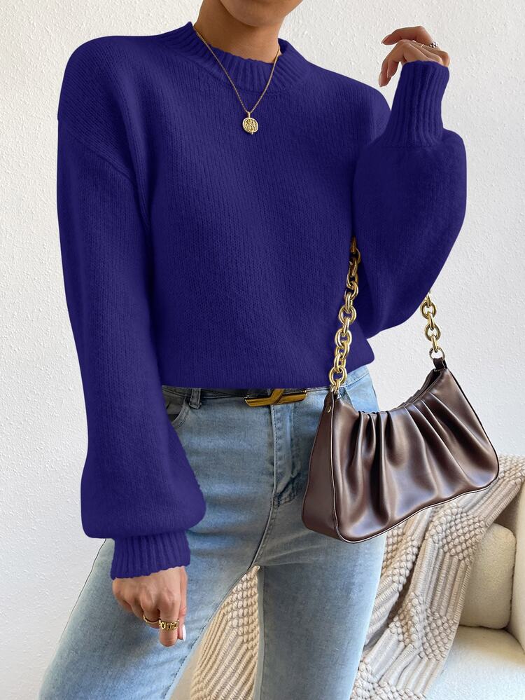 SHEIN Women's Simple Elegant Deep Purple Round Neck Knitted Lantern Sleeve Pullover, Suitable For Daily Shopping, Casual, Vacation, Travel, Dating - Bold Plum - View 5
