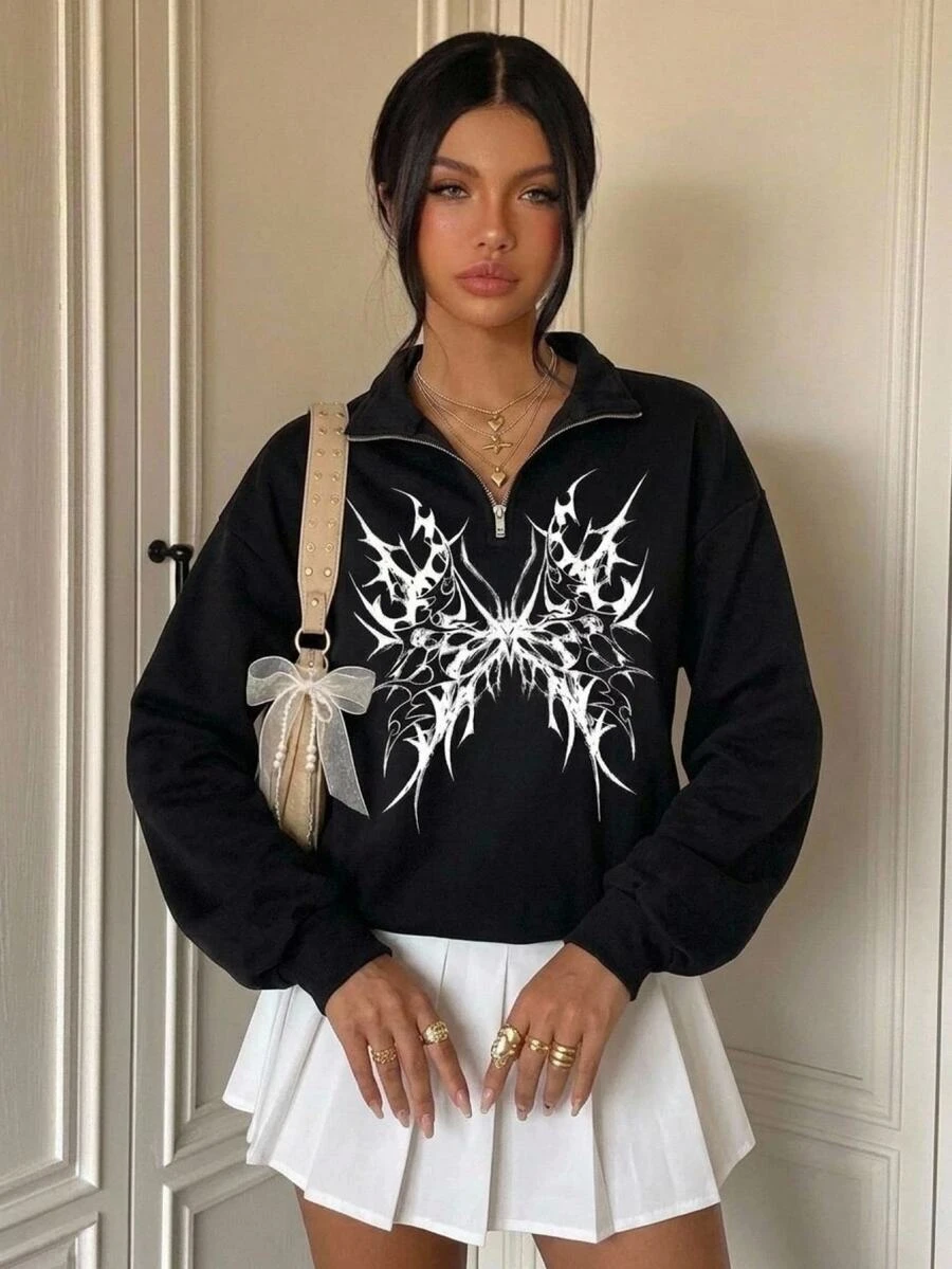 SHEIN 青少年女孩秋季黑色四分之一拉鍊小立領圖案印花寬鬆長袖套頭運動衫,返校季冬季舒適休閒街頭風 - 黑色 - 查看 1